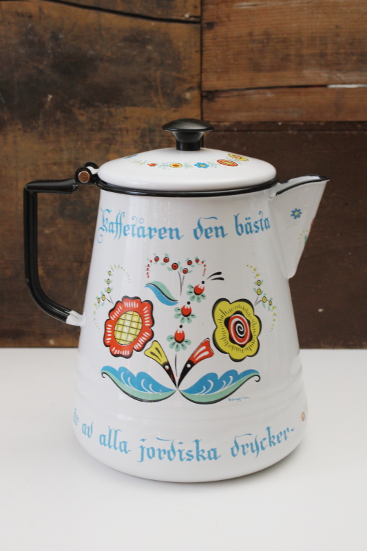 photo of vintage Berggren enamelware coffee pot, Swedish folk art saying Kaffetaren den basta Coffee the best!  #1